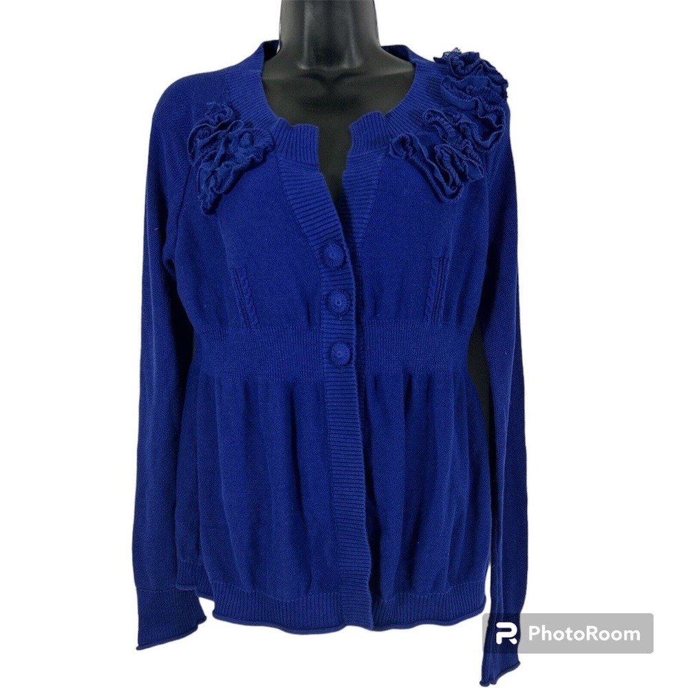 DKNY Jeans Women XL Cotton Cardigan Blue Embellished Floral Long Sleeve Sweater